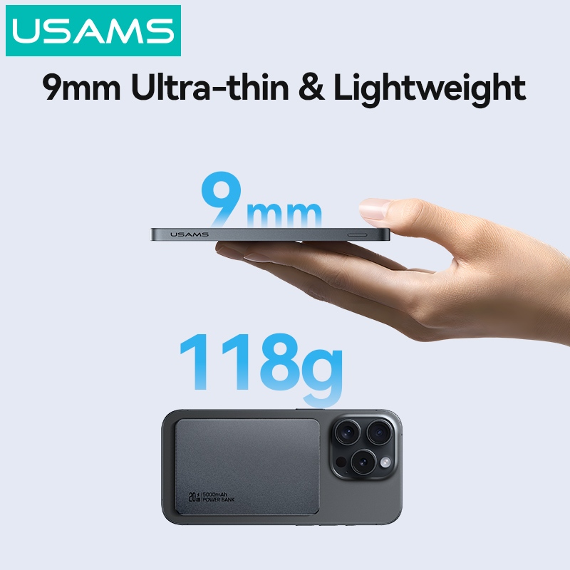 USAMS Wireless Power Bank 5000 / 10000mAh Sạc từ tính không dây Sạc nhanh USB-C Đầu vào / Ra cho iP17 16 15 14 13 12 Series - Hình 3