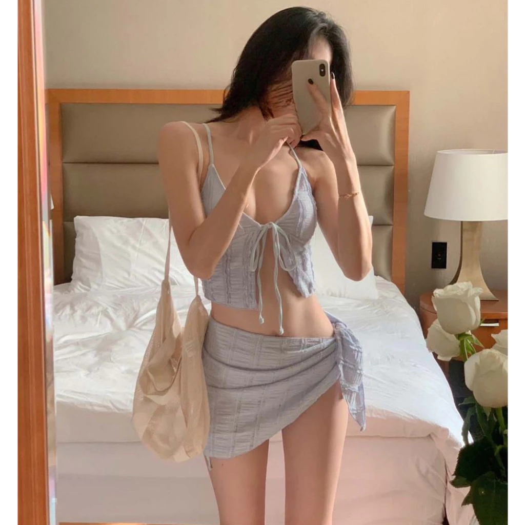 Đồ bơi mới về, bộ bikini ba mảnh màu trơn, premuim cảm thấy tinh khiết khao khát phong cách suối nước nóng trang phục bãi biển nghỉ mát, bộ đồ bơi