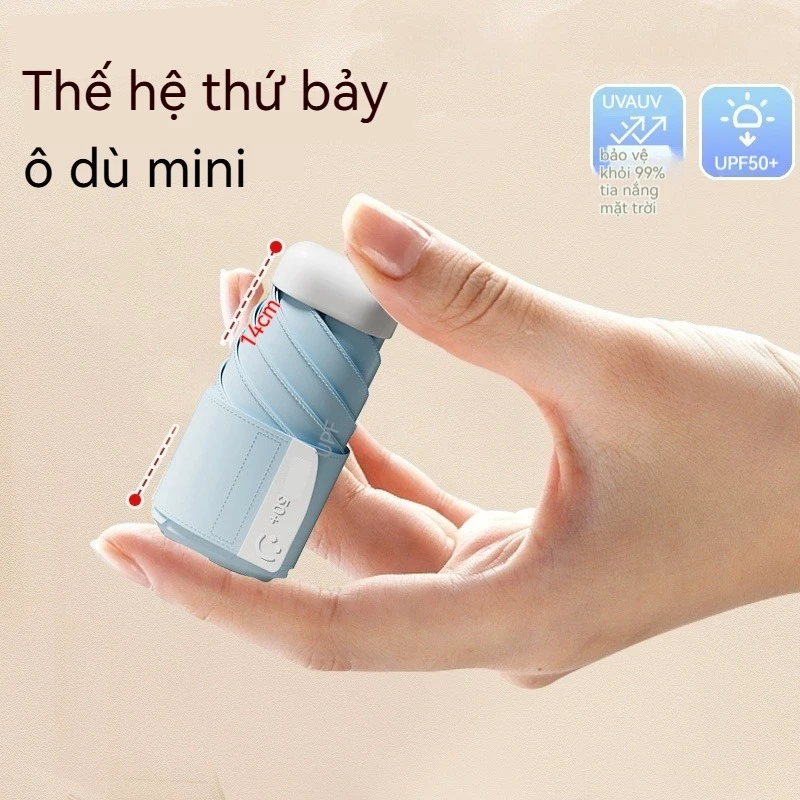 Ô chống nắng Mini 7 tầng UPF 50 + Ô chống tia cực tím nhỏ gọn Ô chống nắng và mưa phủ màu đen