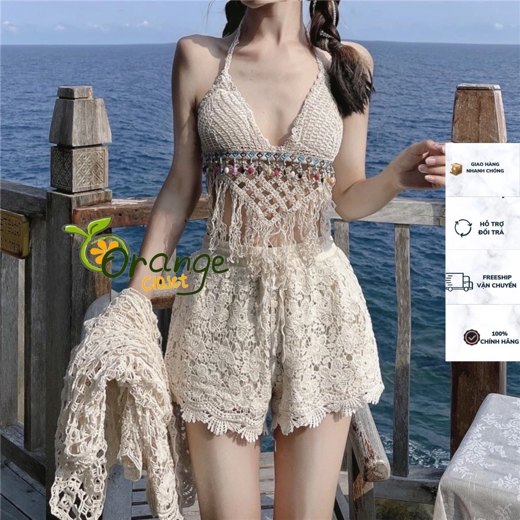 Set Bikini ren Đi Biển 3 Món Áo Bra Đính Hạt Quần Short Khoác Choàng Đi Biển Đồ Bơi Hottrend