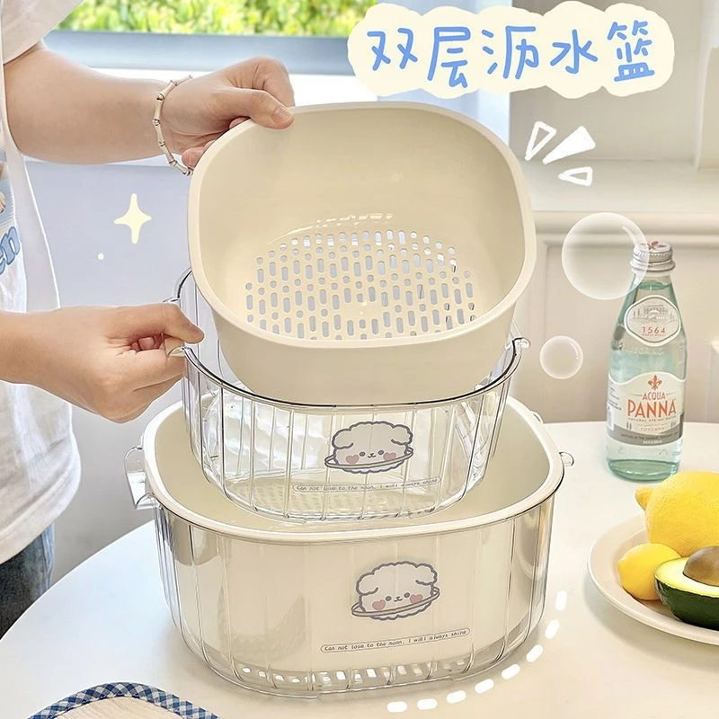 Rổ rửa rau hai lớp bằng nhựa PET cao cấp màu kem + 1 sticker cừu dễ thương 3 size