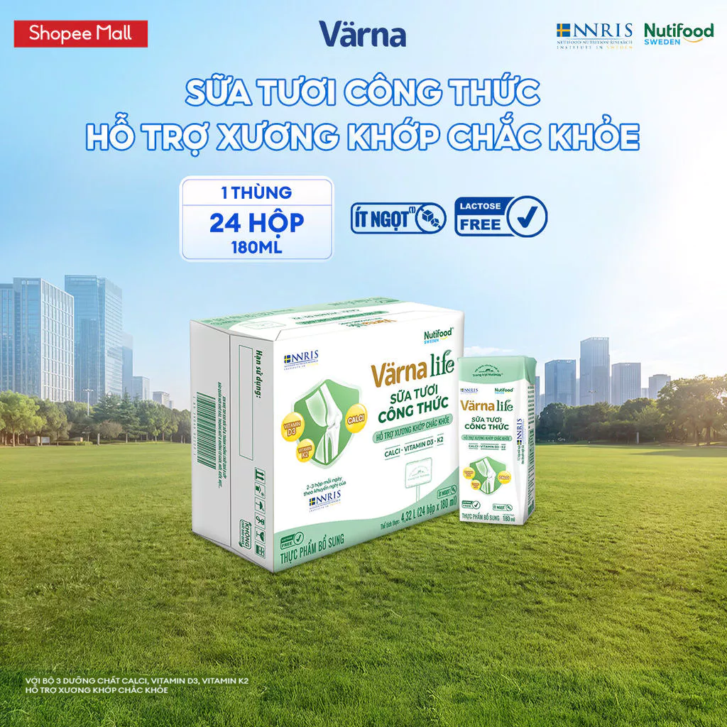 Thùng 24 hộp Varna Life sữa tươi công thức hỗ trợ xương khớp chắc khỏe (Xanh) ( 24 hộp x 180ml)