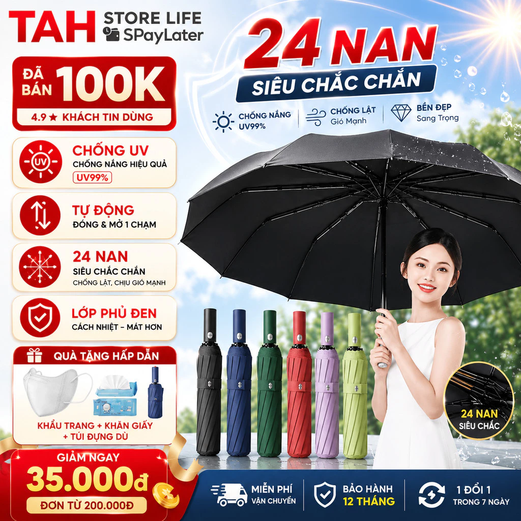 Ô Che Mưa Gấp Gọn 12 Nan Kép, Ô Che Mưa Chống Lật Cao Cấp