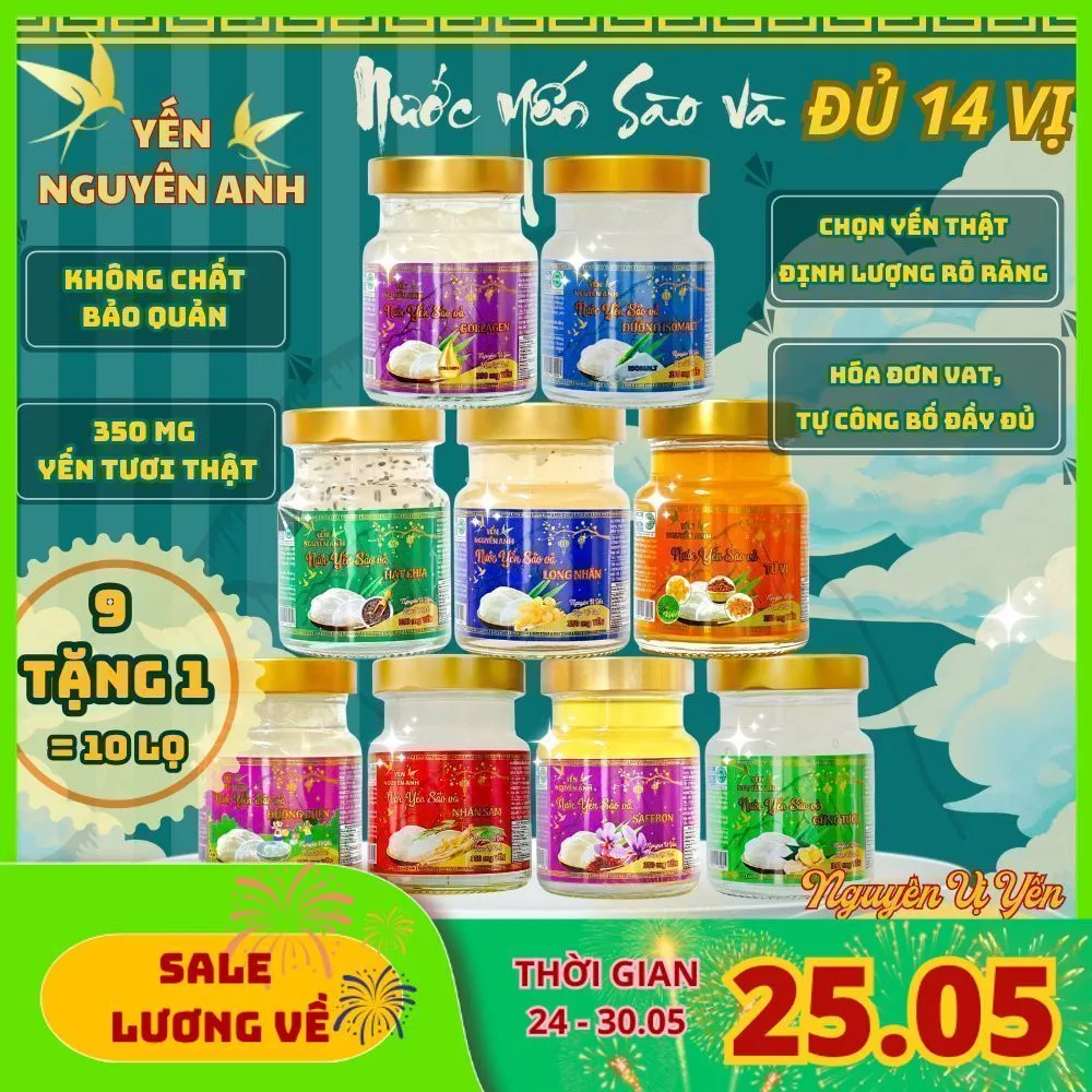 10 Hủ Nước Yến Sào Chưng Sẵn 14 vị, Yến Nguyên Anh, 350mg yến tươi thật, 70ml, ghi chú chọn vị, Hủ ít ngọt