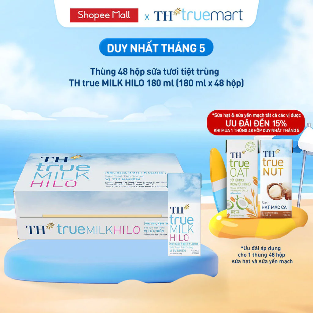 Thùng 48 hộp sữa tươi tiệt trùng TH true MILK HILO vị tự nhiên 180 ml (180 ml x 48)
