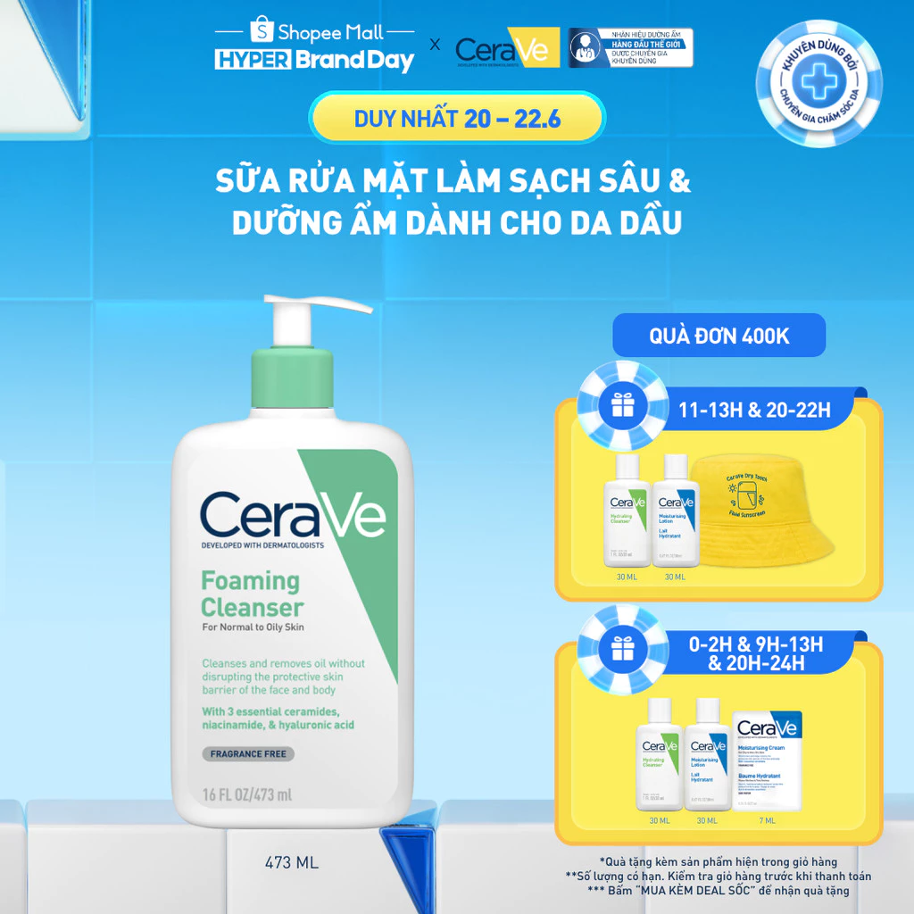 Sữa rửa mặt foaming giúp làm sạch sâu và dưỡng ẩm dịu nhẹ dành cho da dầu – CeraVe Foaming Facial Cleanser 473ML