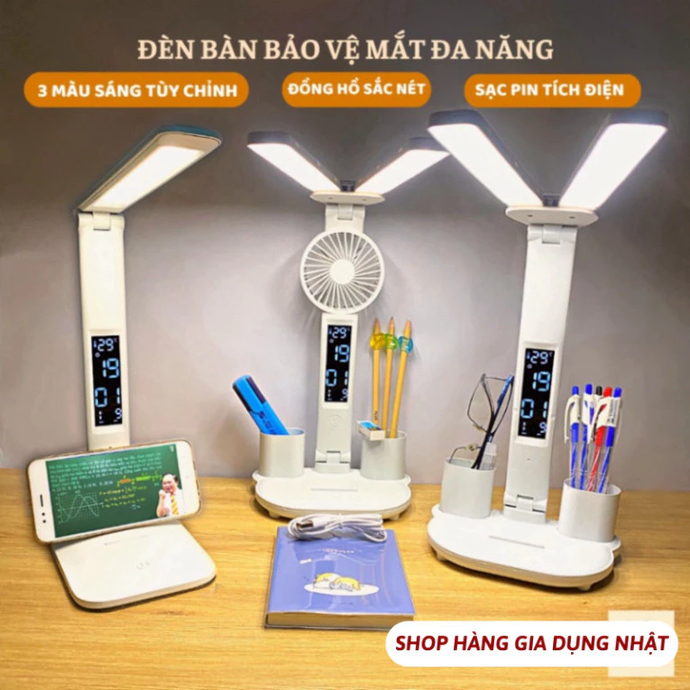 Đèn LED Để Bàn Đa Năng, Đèn Học Để Bàn Chống Cận Cao Cấp Với 3 Màu Sáng Và Đồng Hồ LCD Sắc Nét HOT