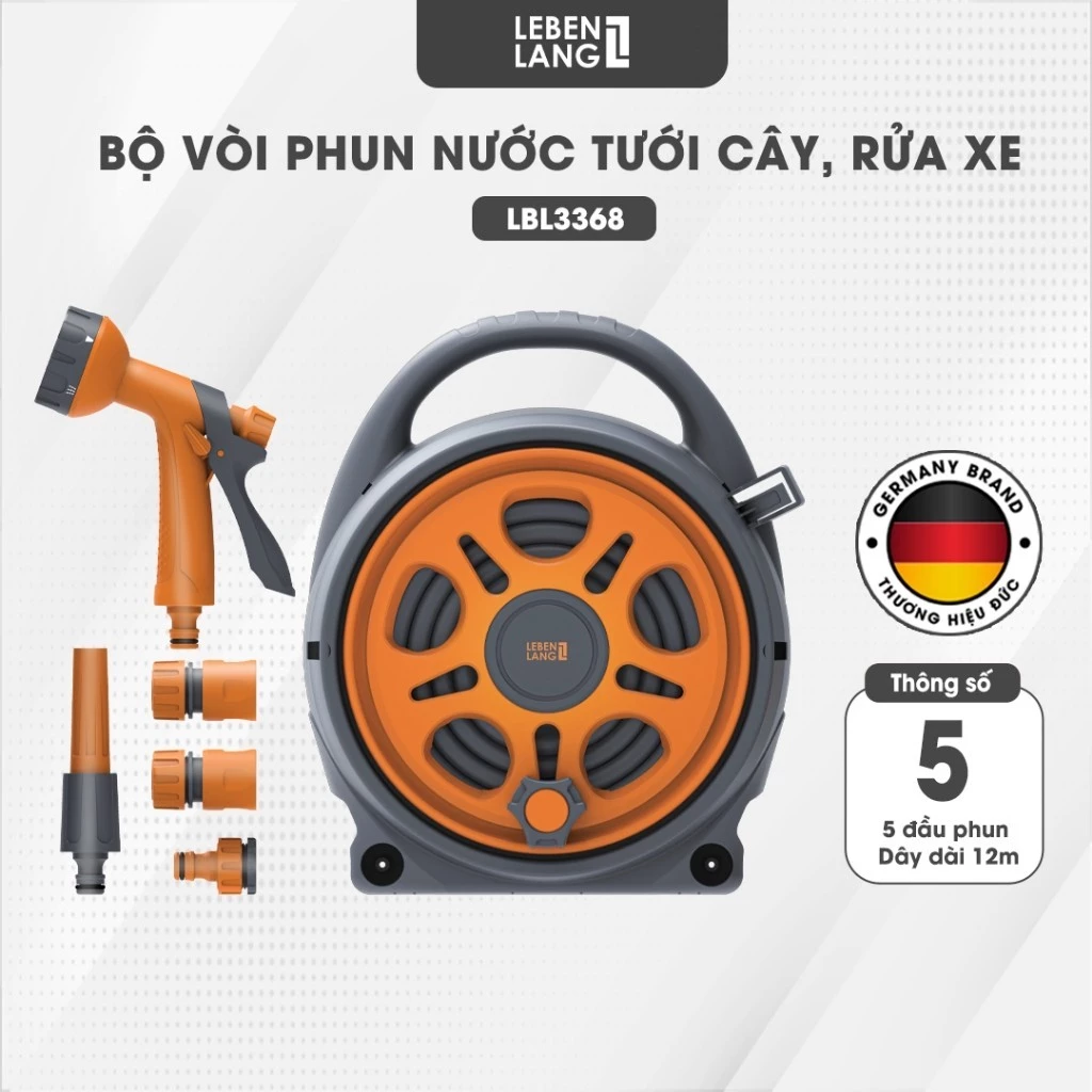 Bộ vòi nước tưới cây, rửa xe đa năng Lebenlang LBLB3368 dây dài 12m, 5 đầu phun đi kèm - chính hãng
