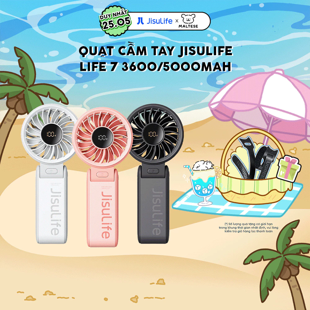 Quạt cầm tay tích điện mini Jisulife Life 7 5 cấp độ gió 3600/5000mAh – Sử dụng lên đến 12h – Chính hãng – BH 12 tháng