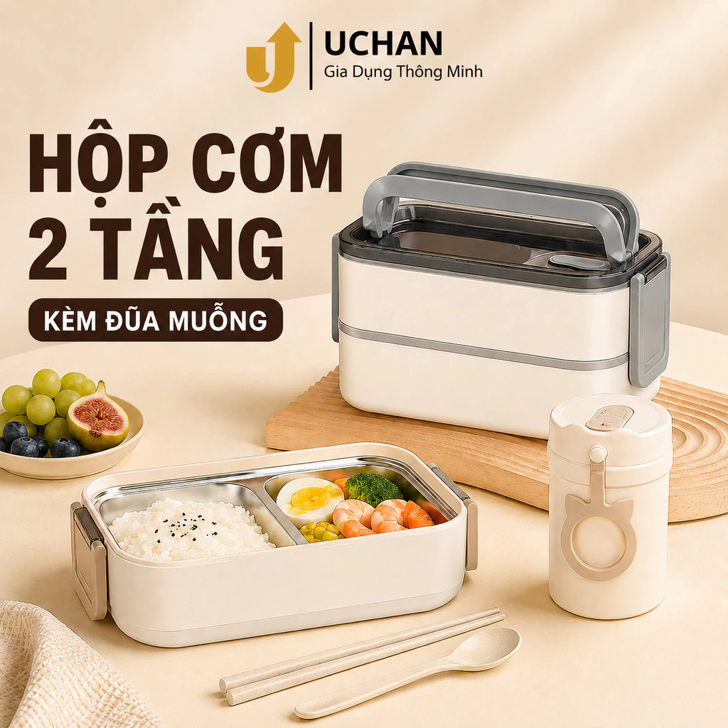 Hộp đựng cơm giữ nhiệt Uchan Hộp cơm văn phòng dùng được trong lò vi sóng TẶNG đũa muỗng SP03