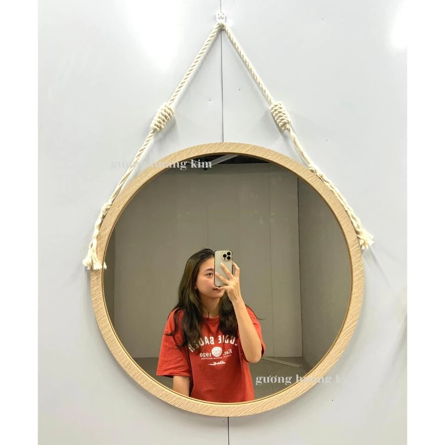Gương treo tường nhà tắm ,Gương tròn decor trang trí phòng viền gỗ soi mặt tặng móc treo dây thừng giá rẻ bao bể vỡ