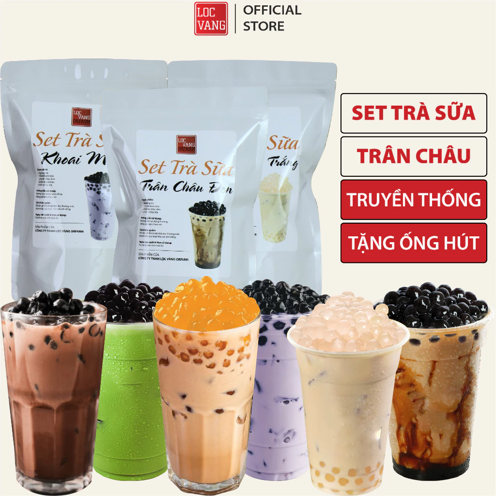 SET NGUYÊN LIỆU PHA TRÀ SỮA Trân Châu SET 15 LY Hồng Trà Đen Bột Kem Béo