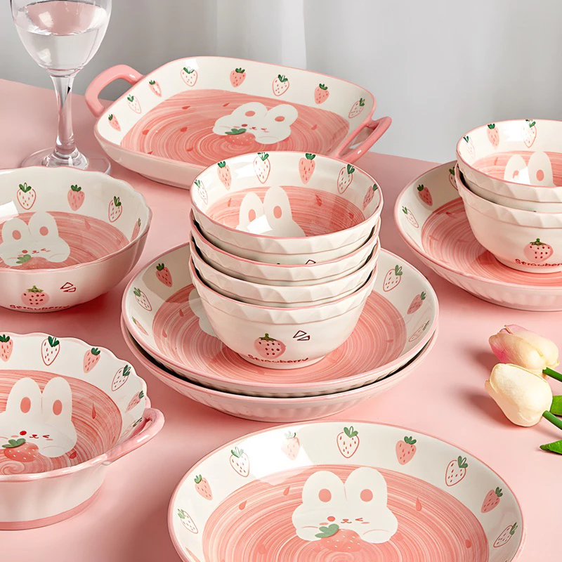 🐰 Bát đĩa sứ thỏ hồng dâu tây dễ thương – Chén, đĩa, tô, muỗng cao cấp.
