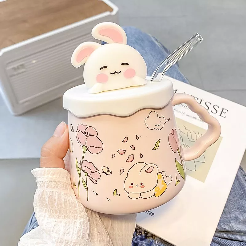 Cốc uống nước cốc sứ hình thỏ dễ thương làm quà sinh nhật quà tặng 420ml+Ống hút thuỷ tinh TTB 02