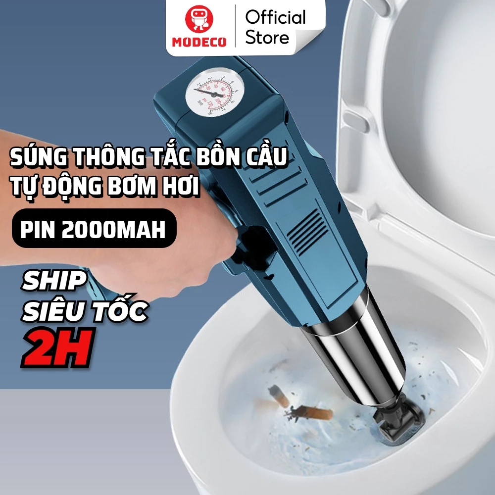 Súng Thông Bồn Cầu Bơm Hơi Tự Động Modeco, Thông Tắc Chậu Rửa Bát, Bồn Tắm - Khí Nén Agt Cực Mạnh 8kg, Thép Không Gỉ 304