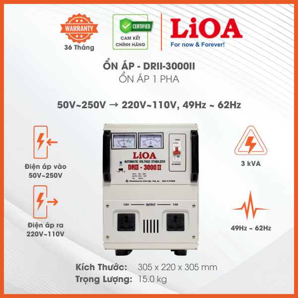 Ổn Áp LiOA 1 Pha DRII-3000II 3kVA, Điện Áp Vào 50V÷250V, Dây Đồng 100%, Bảo Hành 36 Tháng