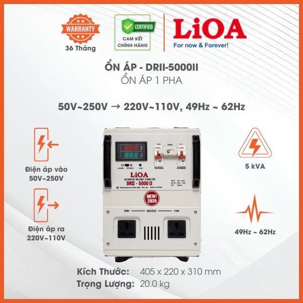 Ổn Áp LiOA 1 Pha DRII-5000II 5kVA, Điện Áp Vào 50V÷250V, Dây Đồng 100%, Bảo Hành 36 Tháng