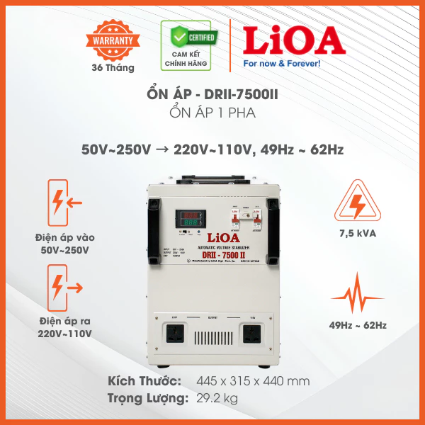 Ổn Áp LiOA 1 Pha DRII-7500II 7,5kVA, Điện Áp Vào 50V÷250V, Dây Đồng 100%, Bảo Hành 36 Tháng