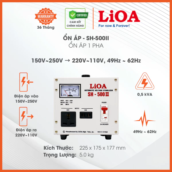 Ổn Áp LiOA 1 Pha mã SH-500II 0,5kVA, Điện Áp Vào 150V÷250V, Dây Đồng 100%, Bảo Hành 36 Tháng