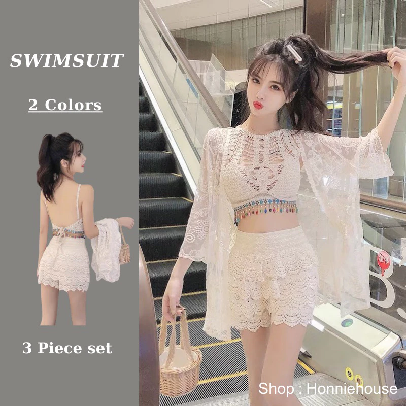 HH10-Ship hoả tốc-Set bikini ren đi biển 3 món bra yếm hạt mix quần sóc tầng giả váy và khoác hoa (có tách rời)