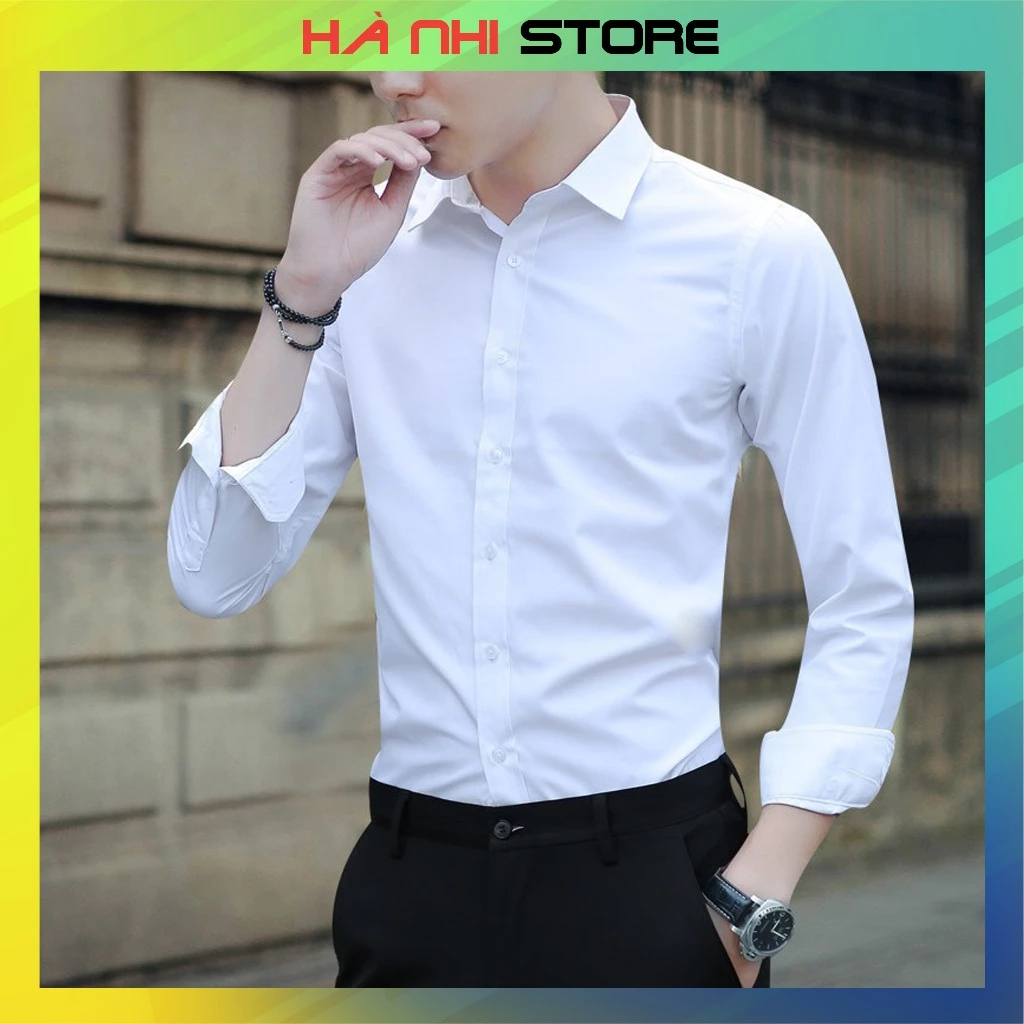 Áo sơ mi nam tay dài, công sở dáng ôm, chất liệu vải lụa thái, chống nhăn chống xù, co dãn nhẹ - Hà Nhi Store