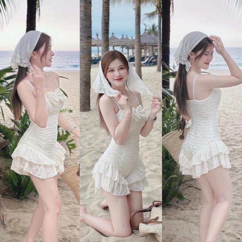MS931 Jumpsuit đồ bơi 1 mảnh đi biển kèm khăn đội đầu xinh xắn, Bikini 2 DÂY NƠ TRẮNG phối bèo Lanbi