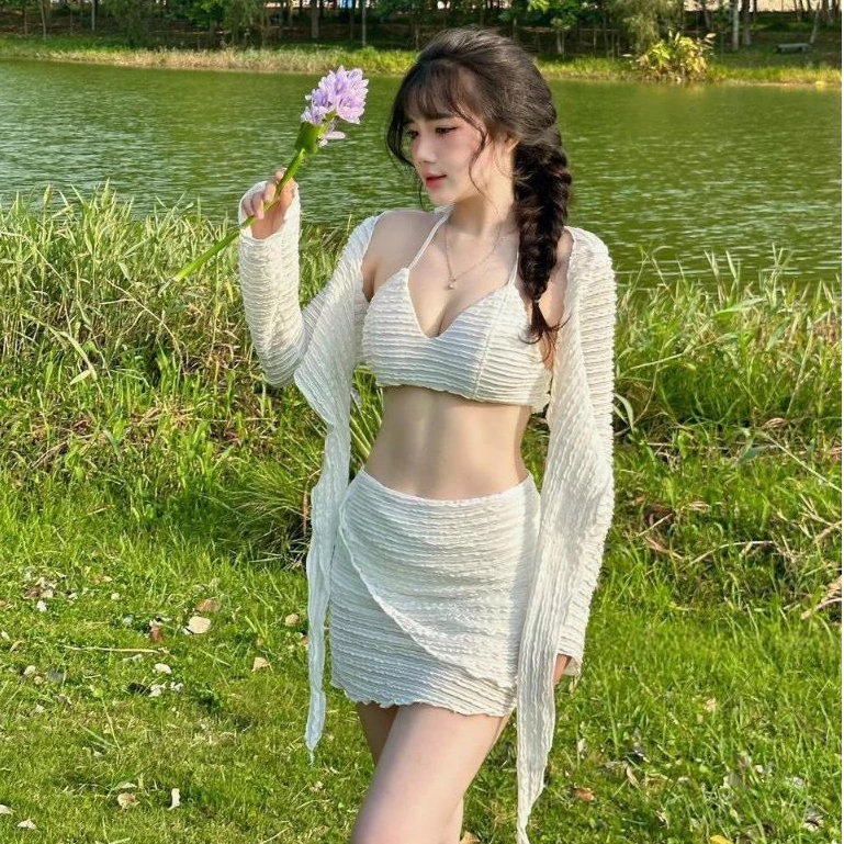 MS922 Size (M,L,XL) Bikini đồ bơi đi biển set 4 món GỢN SÓNG 3D dễ thương, Kín đáo