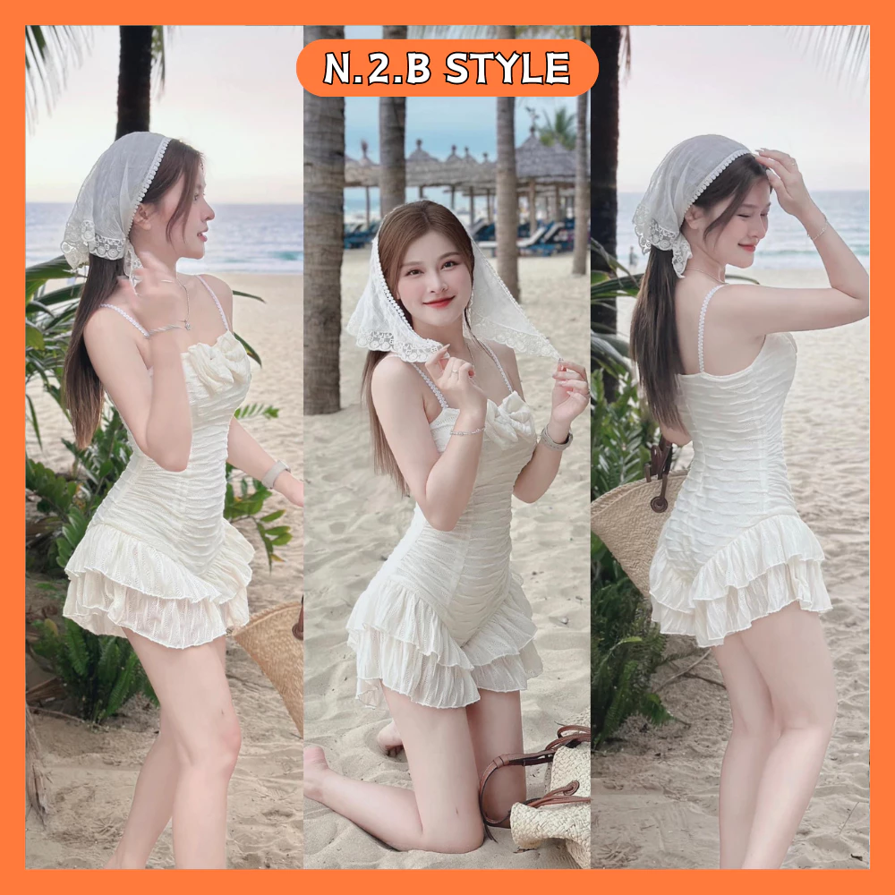 Jumpsuit nữ bikini liền thân vải xốp sóng nơ ngực siêu xinh, Váy đi biển 2 dây phối viền bèo phong cách sexy N2Bstyle