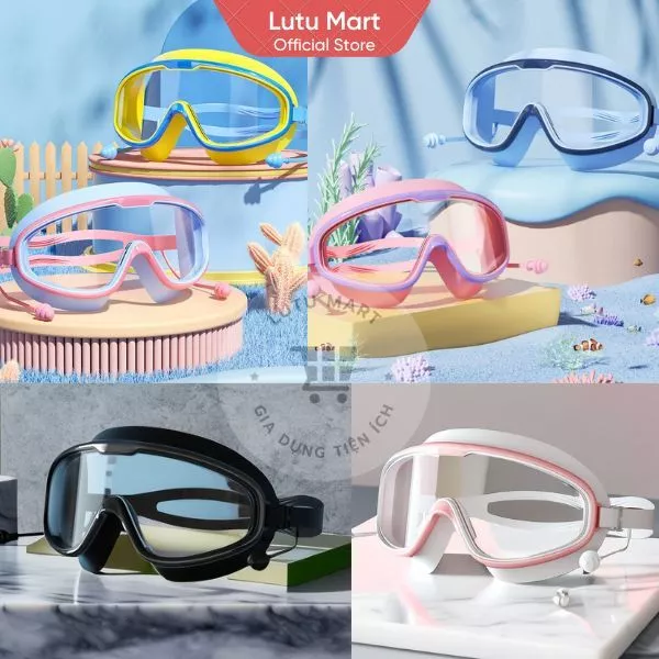 Kính Bơi Trẻ Em Người Lớn Gọng Lớn Kèm Bịt Tai Chống Sương Mù Không Thấm Nước Độ Nét Cao - Lutu Mart