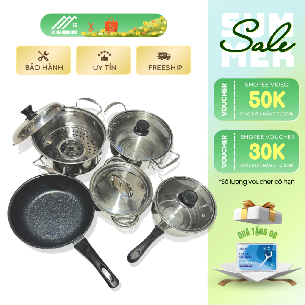 Nồi inox và chảo chống dính dùng được cho mọi loại bếp, thân xoong cứng cáp bắt nhiệt nhanh