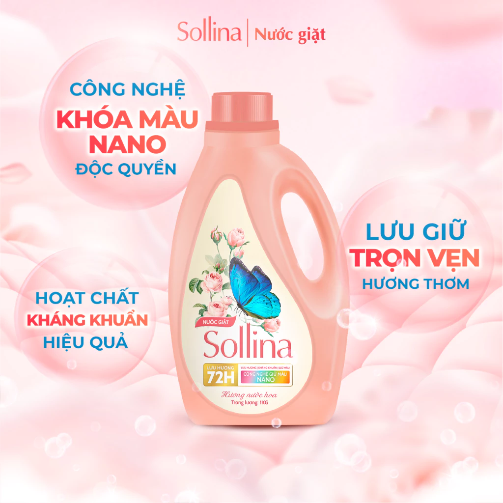 [QUÀ TẶNG KHÔNG BÁN] Nước Giặt Quần Áo Thường Sollina 1L/Chai - Công nghệ Khoá Màu Nano, Lưu Hương Nước Hoa 72H