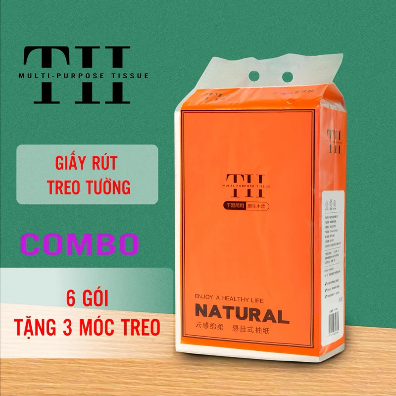 Thùng 6 Túi Giấy Ăn Treo Tường Natural (tặng 3 móc treo) Giấy Vệ Sinh 4 Lớp Bằng Bột Gỗ Nguyên Sinh Hàng Nội Địa Trung