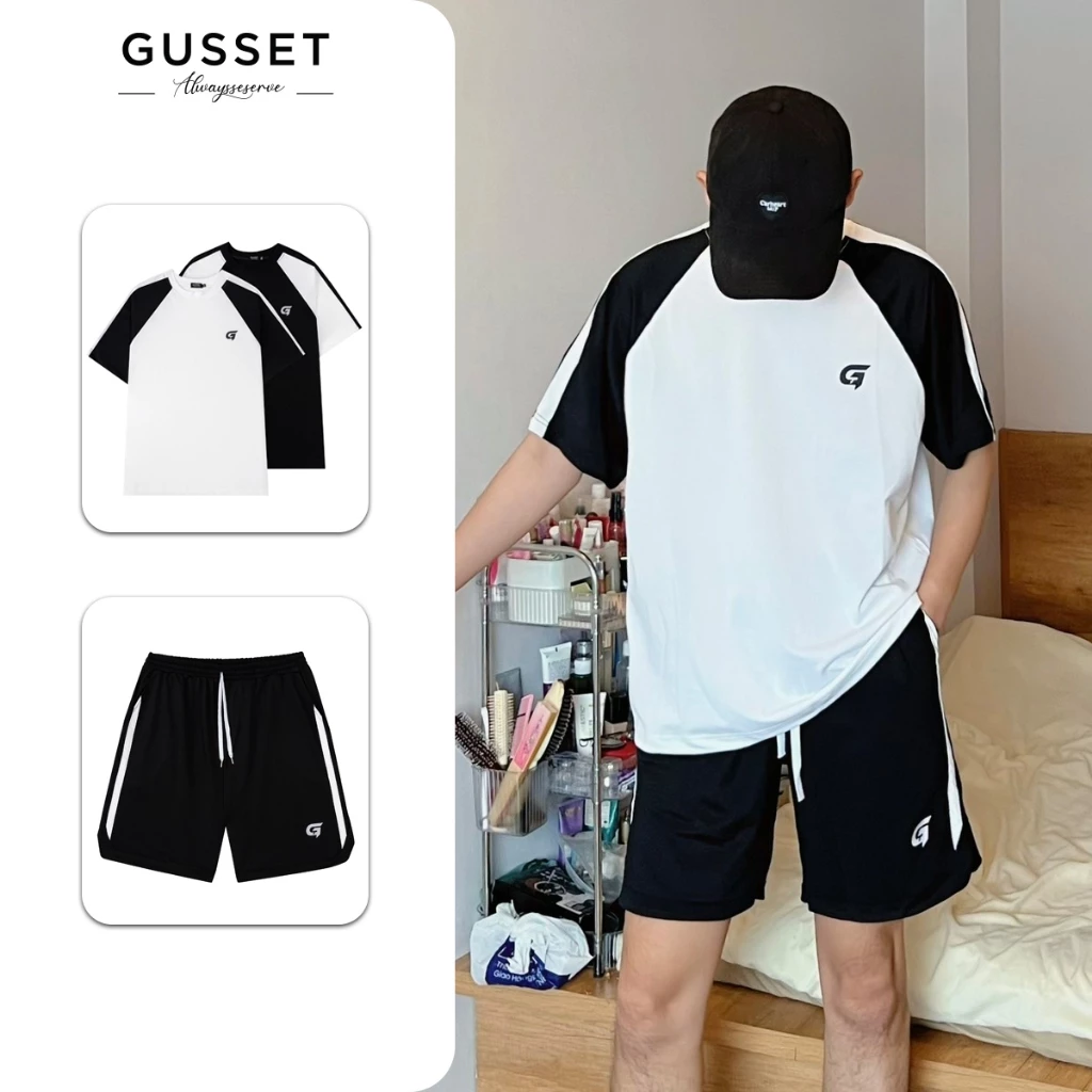 Đồ Bộ Thể Thao nam, Set bộ đồ hè ngắn Unisex Chất Liệu Poly Thoáng Mát In Logo Gusset màu đen trắng Form Rộng - BP08