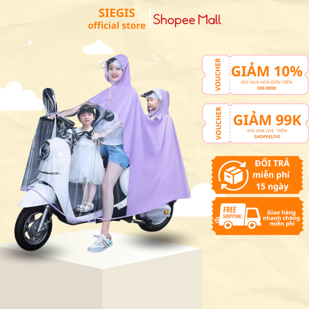 Áo Mưa Trong Suốt 2 Đầu Bảo Vệ Toàn Diện Phong Cách Mới Chống Trượt An Toàn Cho Mẹ Và Bé ( Chính Hãng )