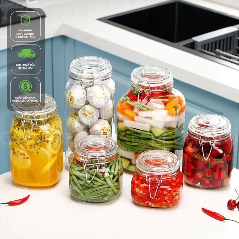 Hũ thủy tinh nắp cài kim loại dáng vuông 500ml ~ 4800ml | HTQ01