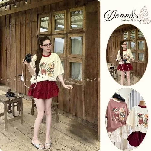 set váy nữ,áo thun nữ chất vải cotton mền cổ tròn 2 màu hồng be mix chân váy ngắn Donna hcom25223