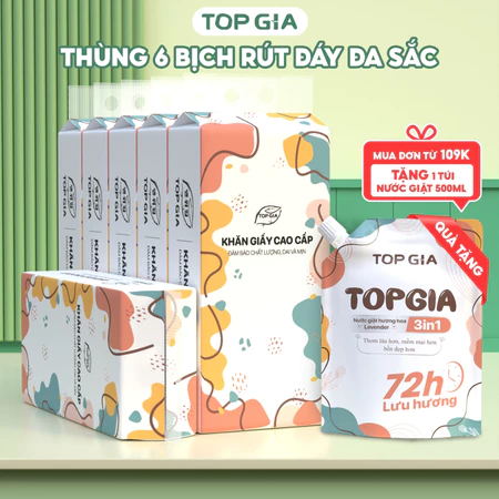 Khăn giấy cao cấp TopGia Đa Sắc 6 bịch, giấy rút treo tường 1280 tờ 4 lớp bằng bột gỗ nguyên chất