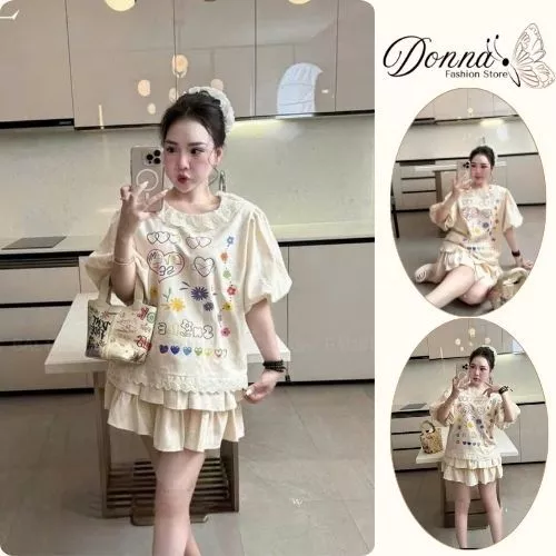 đồ bộ nữ,váy nữ babydoll áo thun bánh bèo viền cổ tay bồng phối chân váy tiểu thư màu be siêu xinh Donna hcom25309