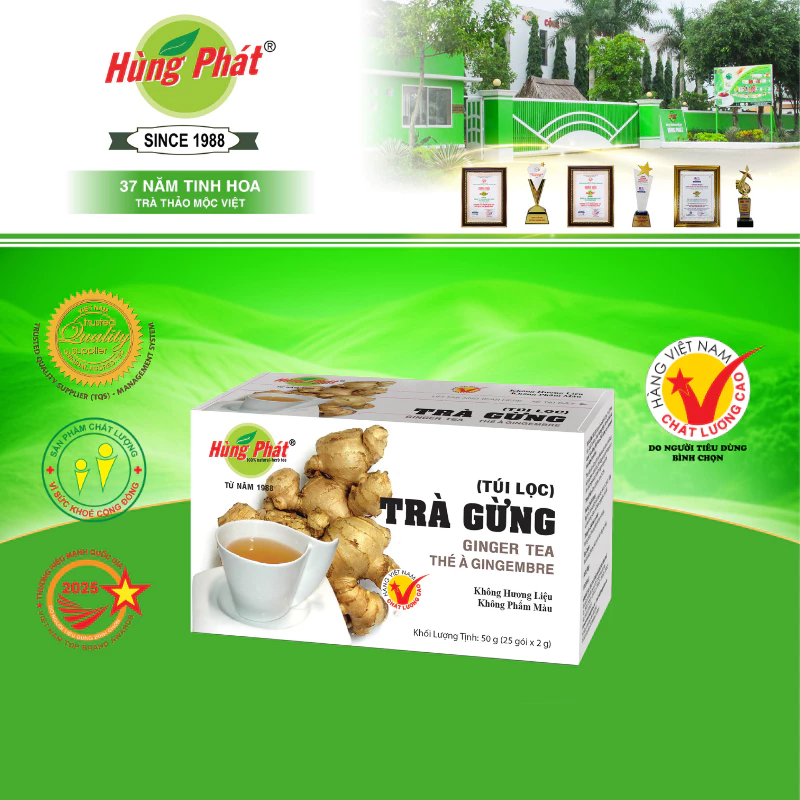 Trà Gừng Túi Lọc Hùng Phát - TGTL - Hộp 50G 25 Gói Từ Gừng Già - Đạt chuẩn ISO HACCP