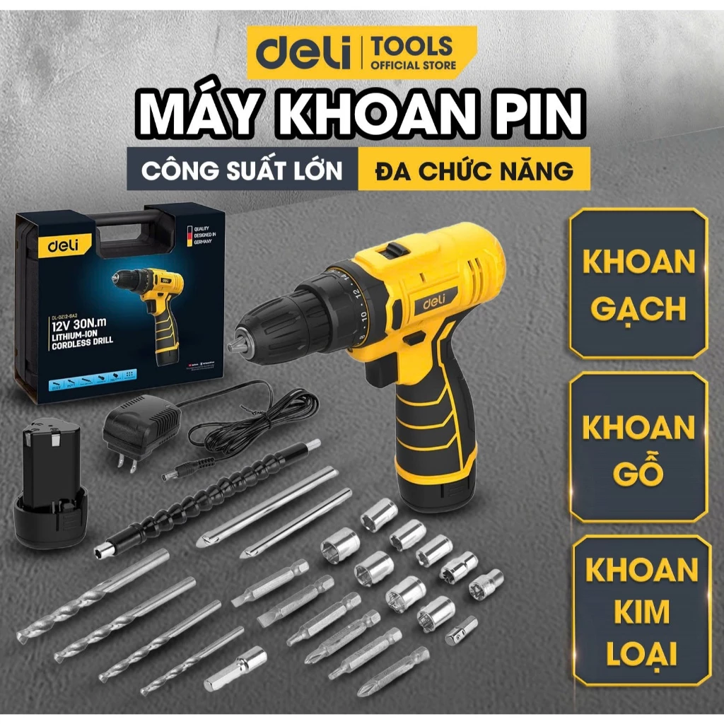 [HỎA TỐC] Máy Khoan Pin Cầm Tay, Máy Bắn Vít Deli Pin 12V - Bảo hành 12 tháng - Gỗ, Kim Loại, Gạch