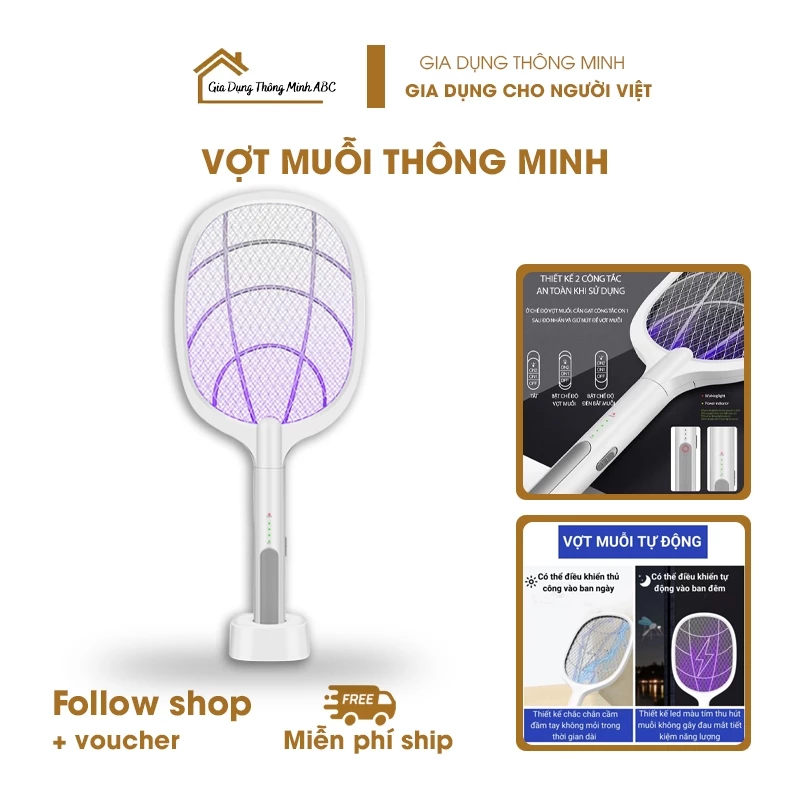 Vợt muỗi thông minh tự động kiêm đèn bắt muỗi sạc tích điện, vợt bắt muỗi thông minh cao cấp để bàn