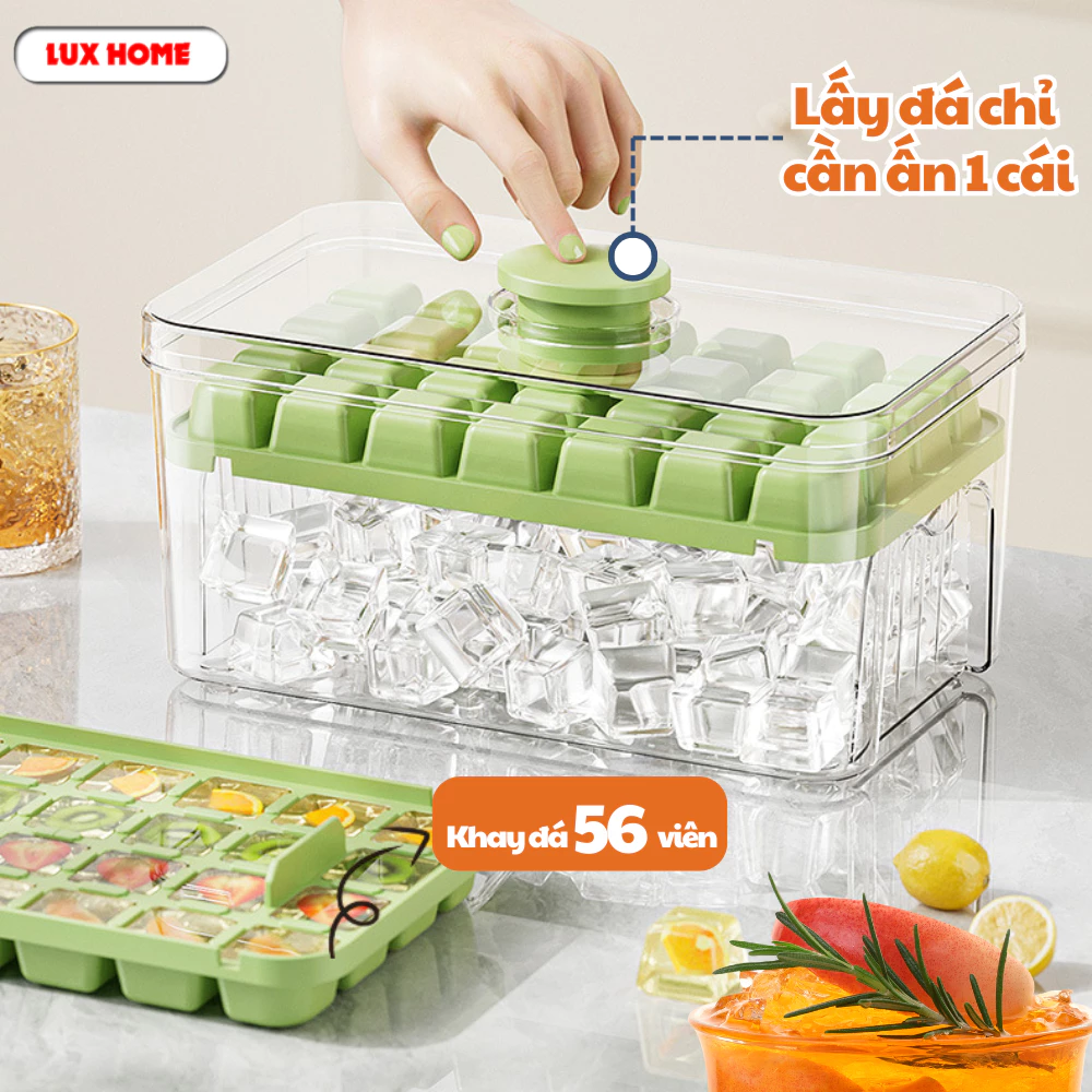 Hộp khay làm đá thông minh nhấn nút lấy đá dễ dàng, Khay đá 56 viên 2 tầng tiện lợi thông minh