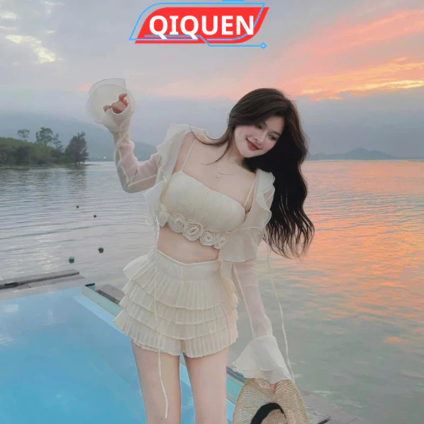 Set Bikinini 3 Món Quần Đùi Mix Hai Dây Đính Hoa Be Kem Xếp Ly Thiết Kế