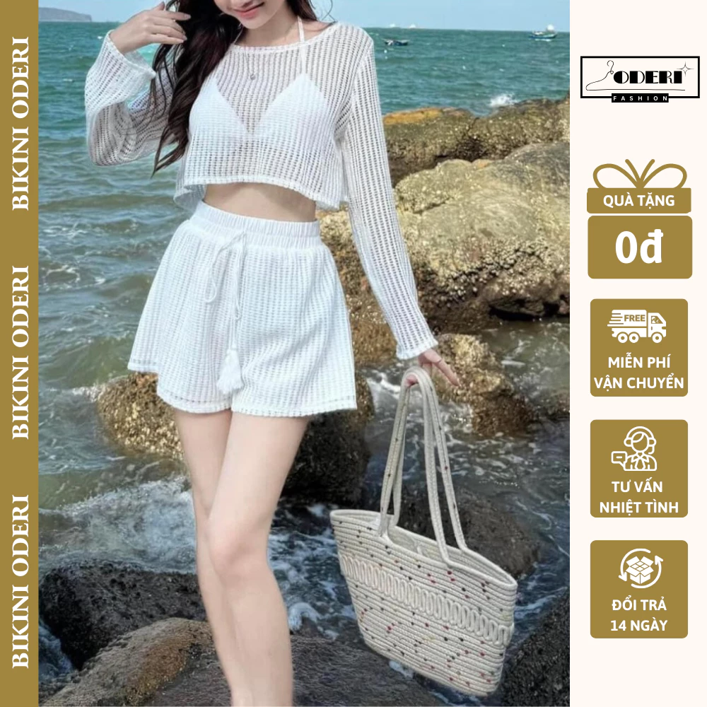 MS977, SÉT BIKINI 3 MÓN ÁO CROTOP TAY DÀI,BRA TAM GIÁC QUẦN CẠP CAO 2 LỚP Trẻ Trung