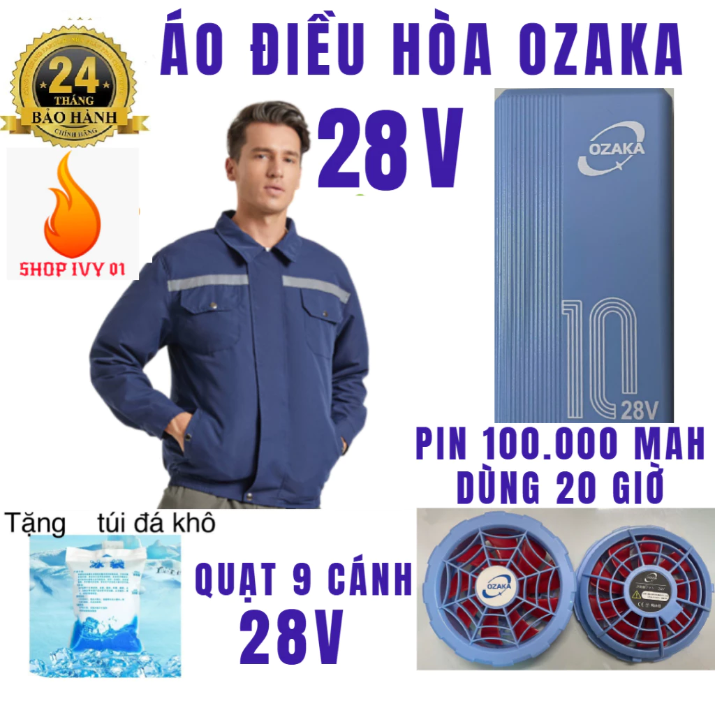 Áo điều hòa nhật bản cao cấp 28V pin 100.000mAh TẶNG KÈM ĐÁ KHô DÙNG 24H QUẠT 9 cánh bh 24 tháng