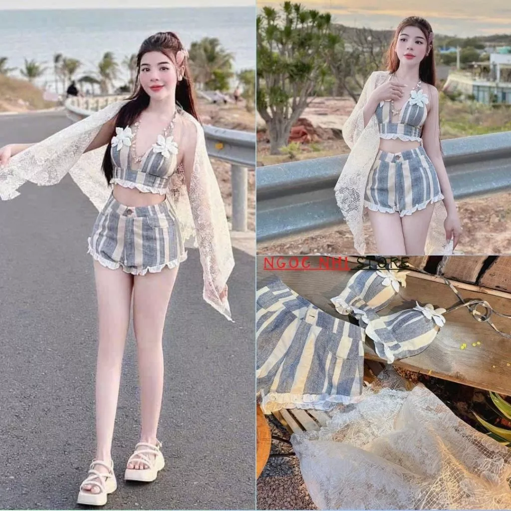 Set bikini đi biển áo bra đệm ngực viền ren kèm khăn choàng thêu hoa mix quần short gọi cảm tinh tế