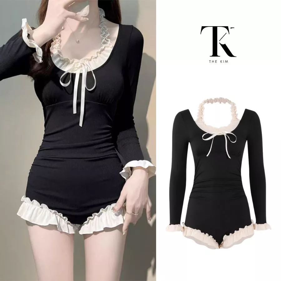 Bikini nữ dài tay swimsuit đi biển kín đáo phối xinh xắn nhún bèo nơ quyến rũ sexy đồ bơi du lịch hè tiệm nhà Kim - E016