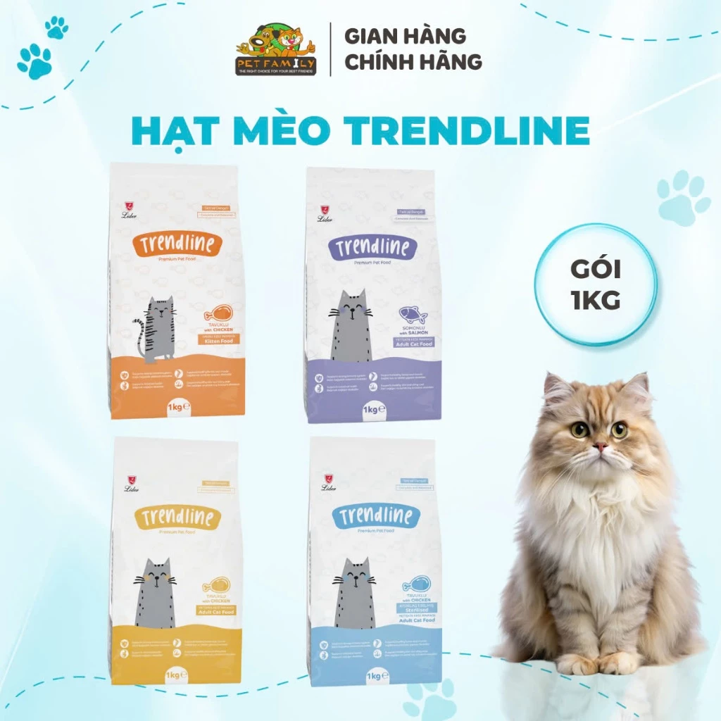 Hạt Cho Mèo TRENDLINE Dành Cho Mèo Con, Mèo Lớn - Vị Gà Và Cá Hồi (1kg) - PetFamily Monge - HAPPY PETFAMILY đang được đối chiếu cho người mua tại Việt Nam