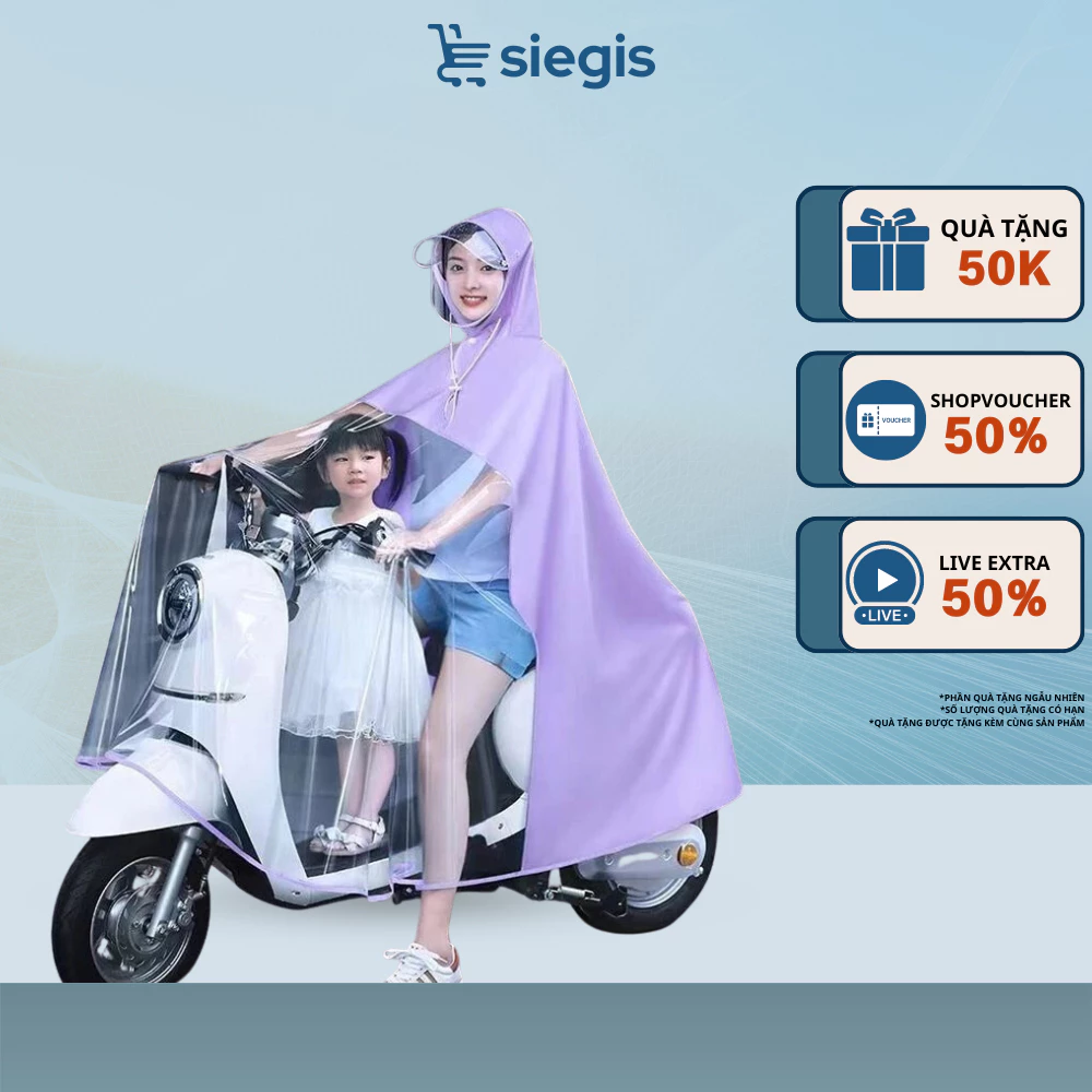 Áo Mưa Cho Mẹ Và Bé SIEGIS Che Phủ Toàn Thân Thiết Kế Nửa Trước Trong Suốt Chất Liệu Chống Thấm Kèm Kính Chắn Mưa