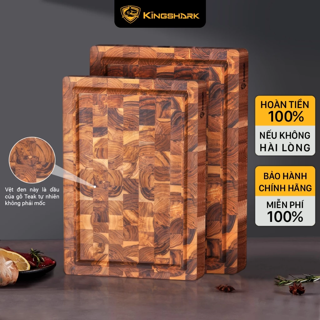 Thớt gỗ thái gỗ Teak Kingshark cắt thái thực phẩm an toàn cho sức khỏe, hình chữ nhật đủ size